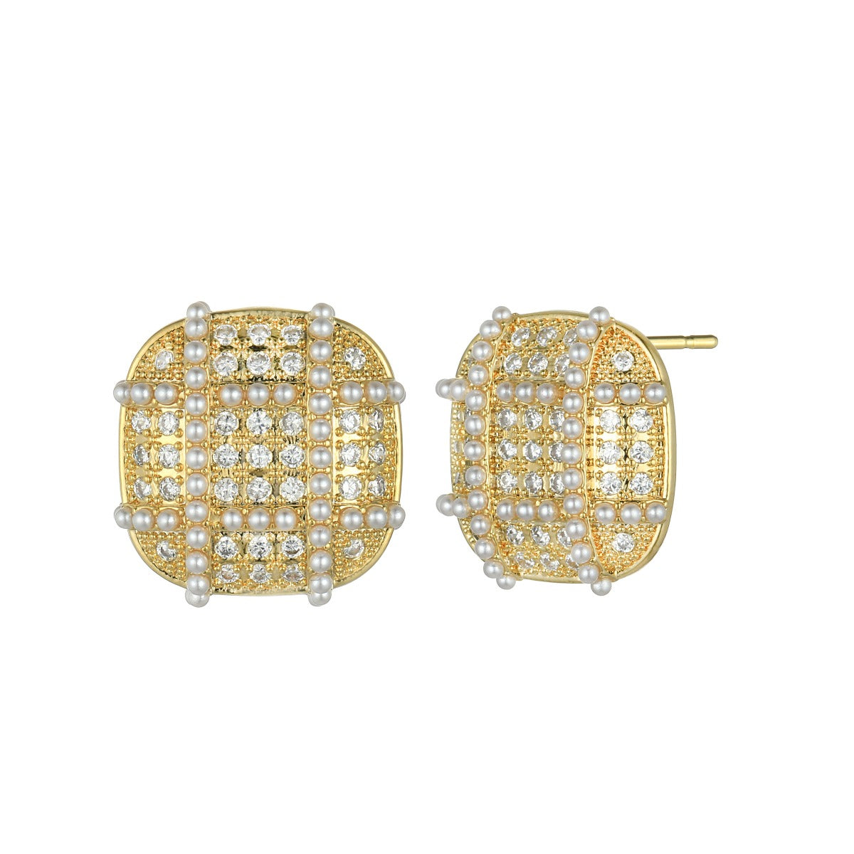 Gold Plated Round-Square Earrings with Diamantes and Mini-Pearls  YX12013YGD