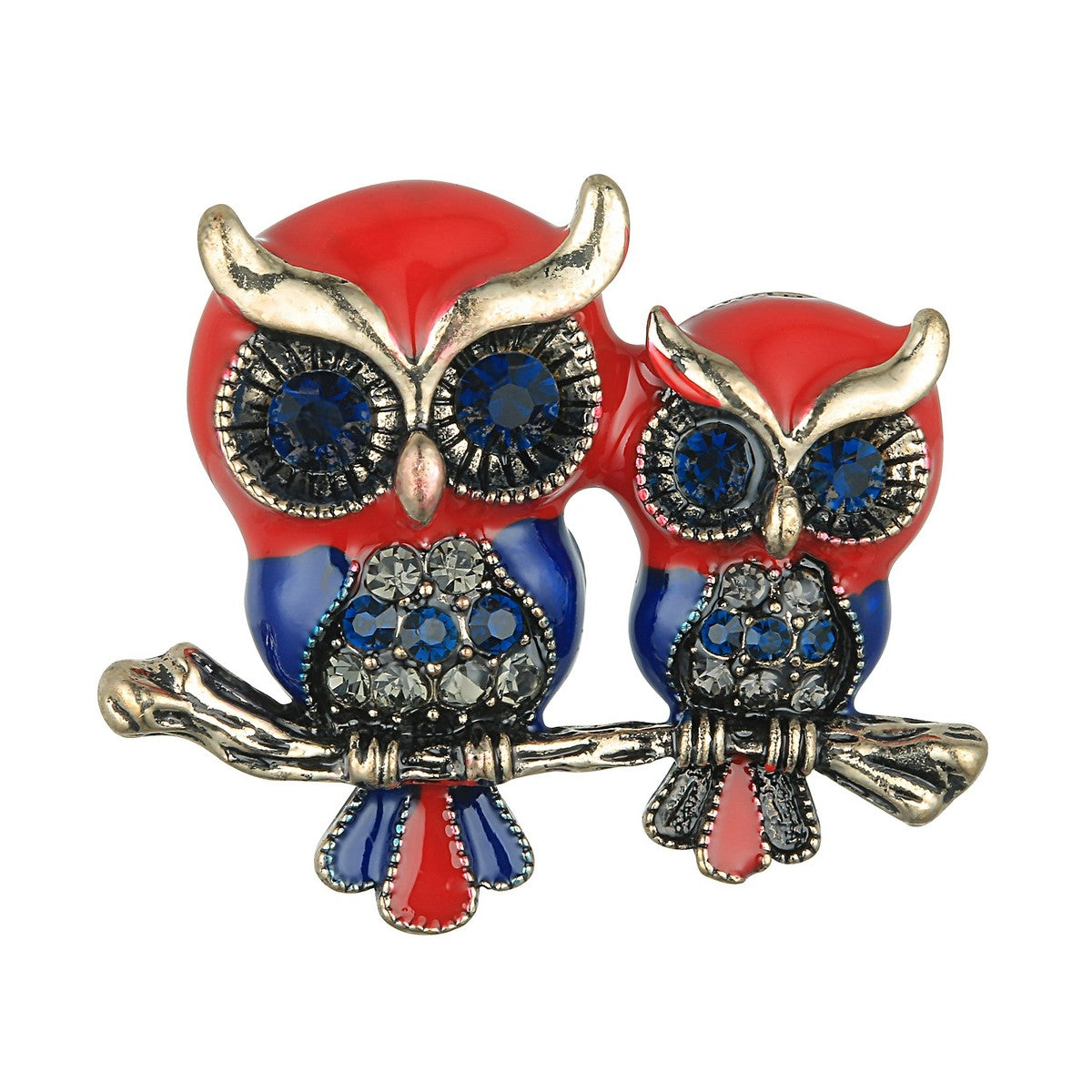 Sitting Twin Owl Brooch - Red (YX28003RED)