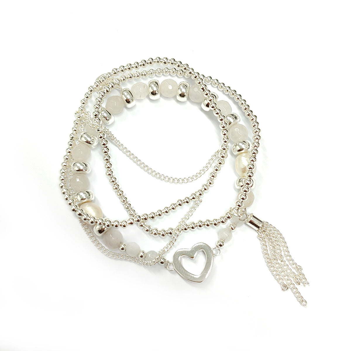 Layered Silvery Beads Bracelet with Hollow Heart Tassel YZ13904SLR