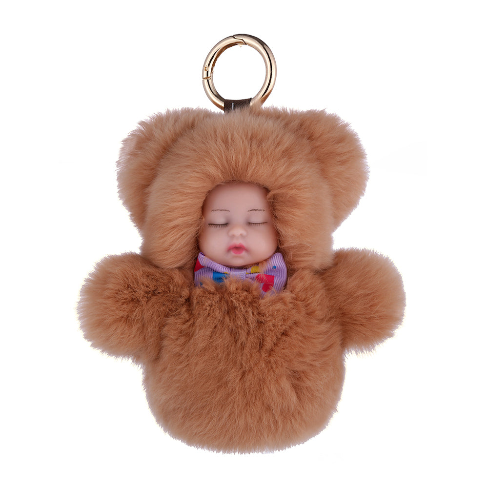 Real Fur Sleeping Doll Keychain - Brown (KD2701BR )