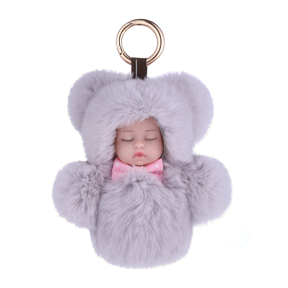 Real Fur Sleeping Doll Keychain - Light Grey (KD2701LG )