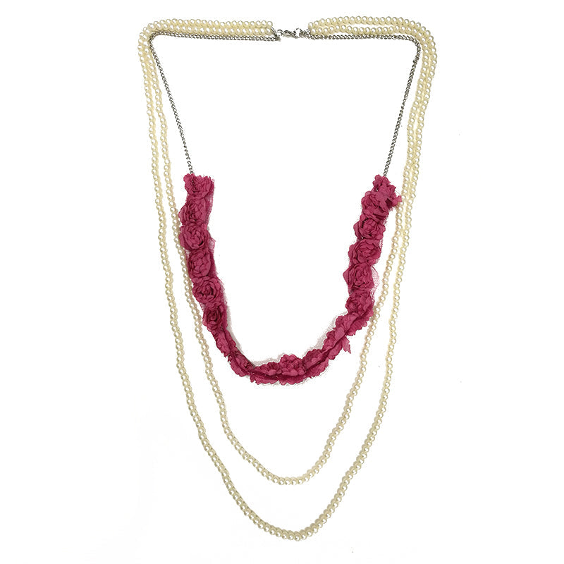 Pearl Triple Chain Long Necklace - Pink (OLD110132PK)