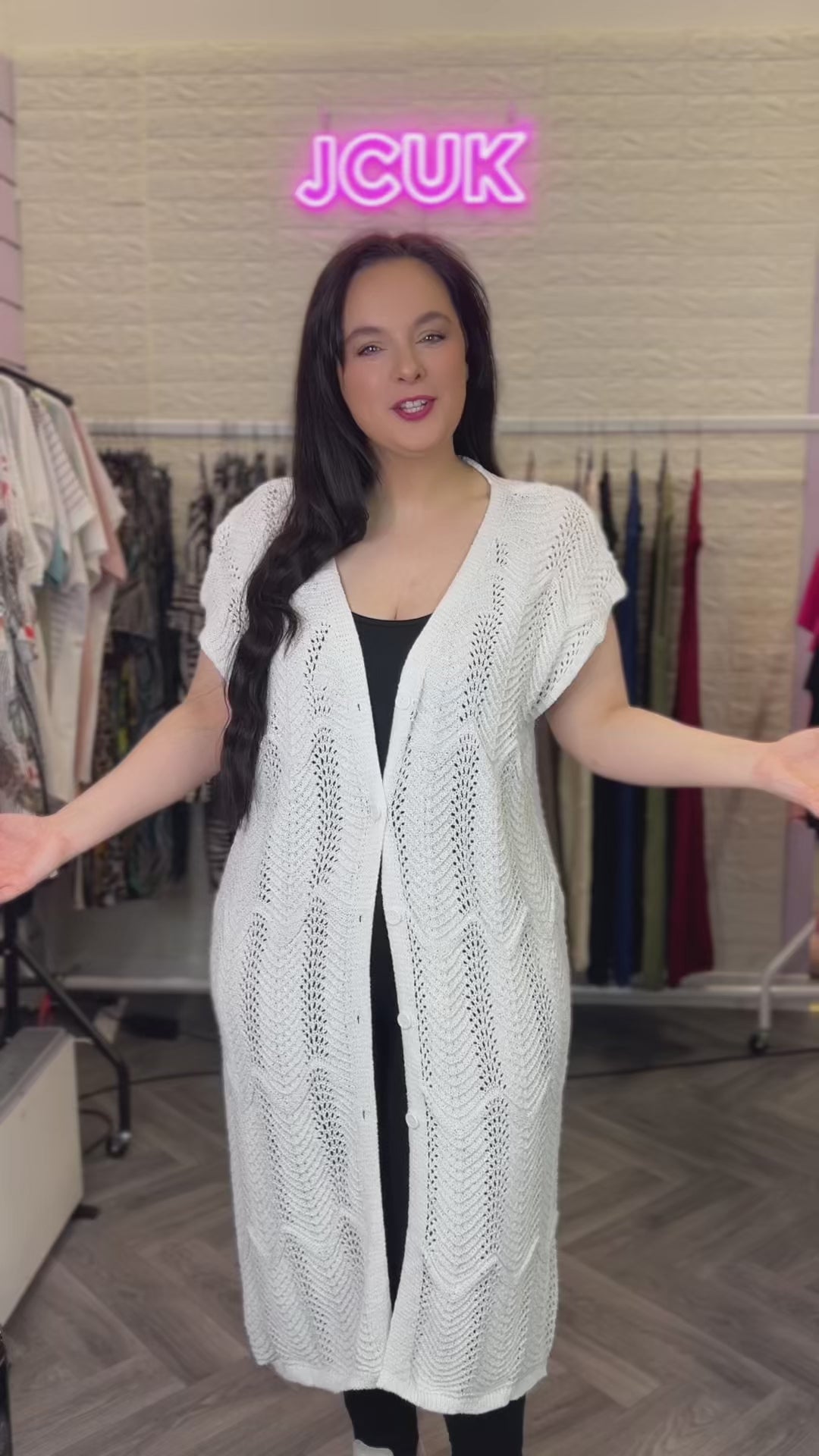 LONG SLEEVELESS CROCHET OPEN KNIT CARDIGAN One Size Fits All 10-22