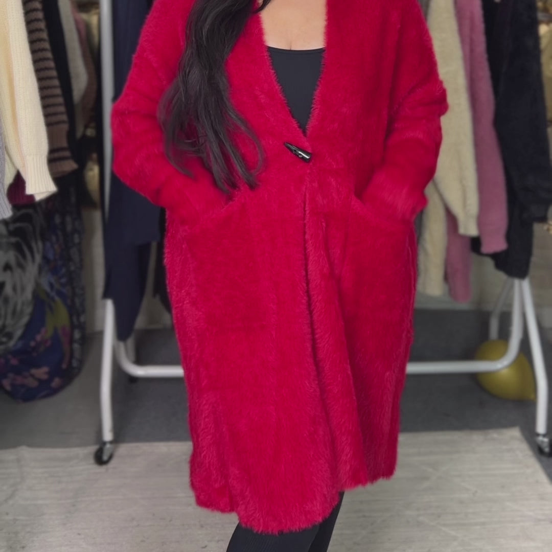 Super Soft Fluffy Long Cardigan – V-Neck Toggle Button