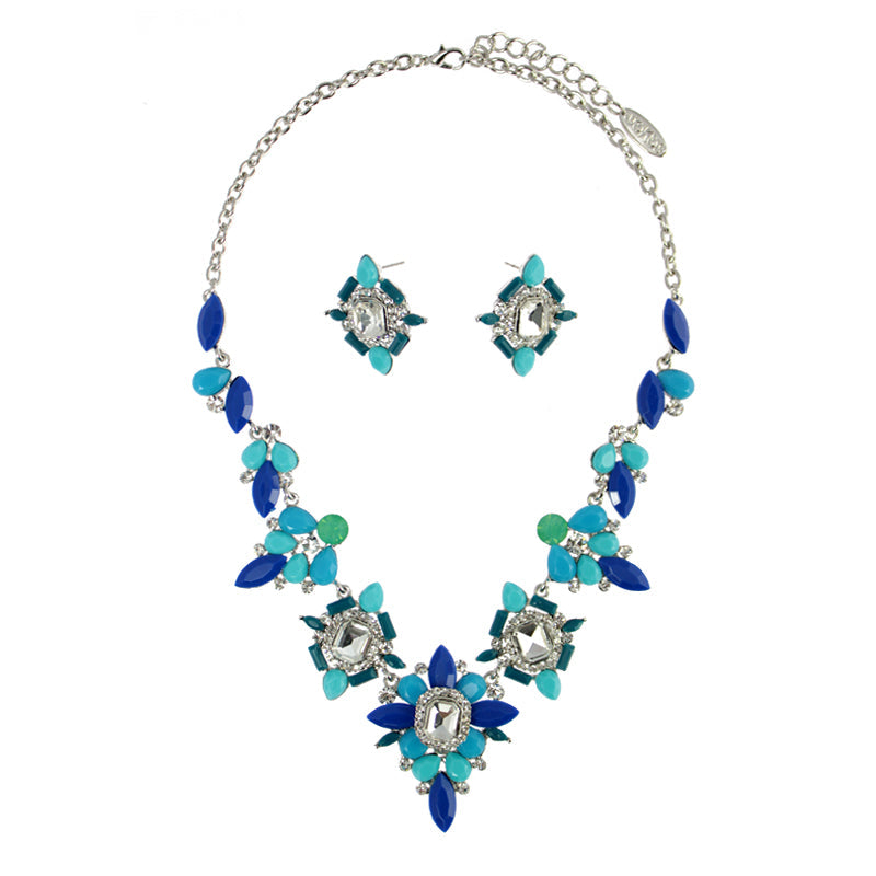 Floral Petal and Stones Necklace Set - Blue (YC14080016BL)