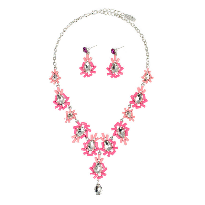 Floral Stones Necklace Set - Pink (YC14080018PK)