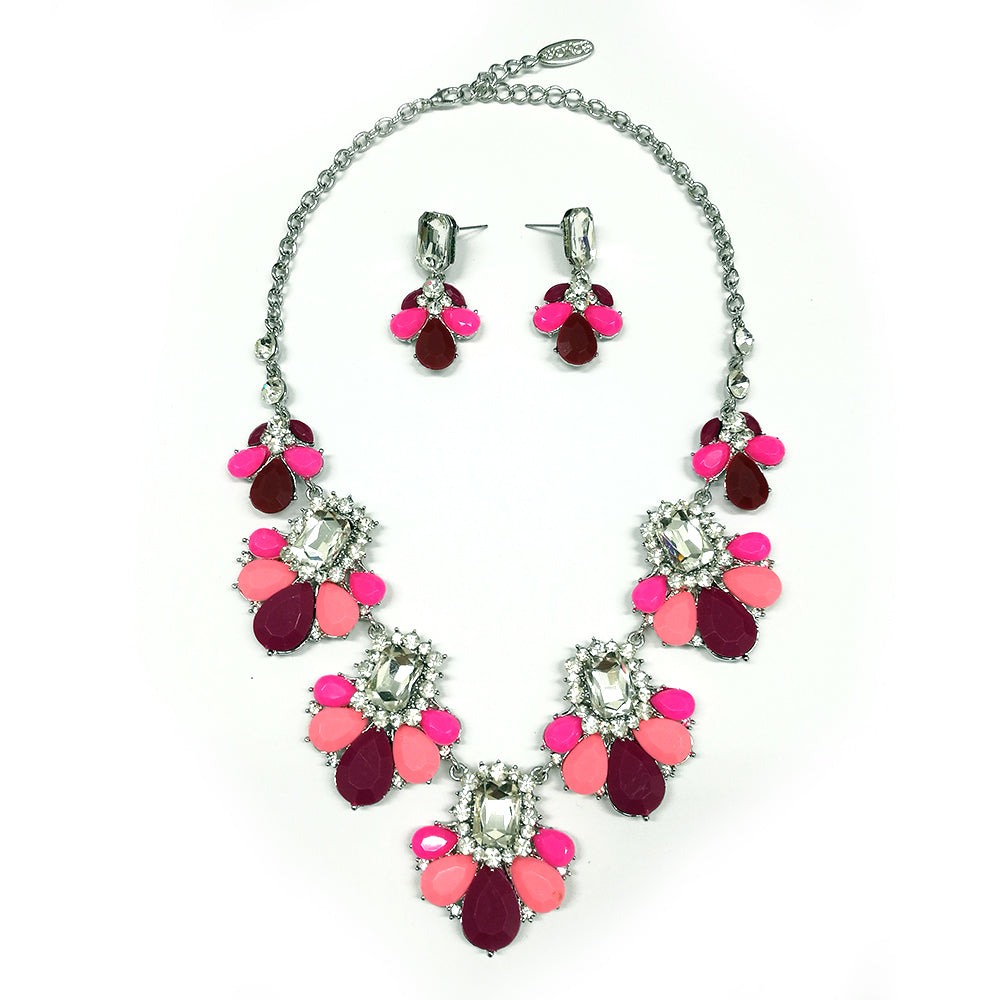 Flower Petals and Stones Necklace Set - Pink (YC14080021PK)