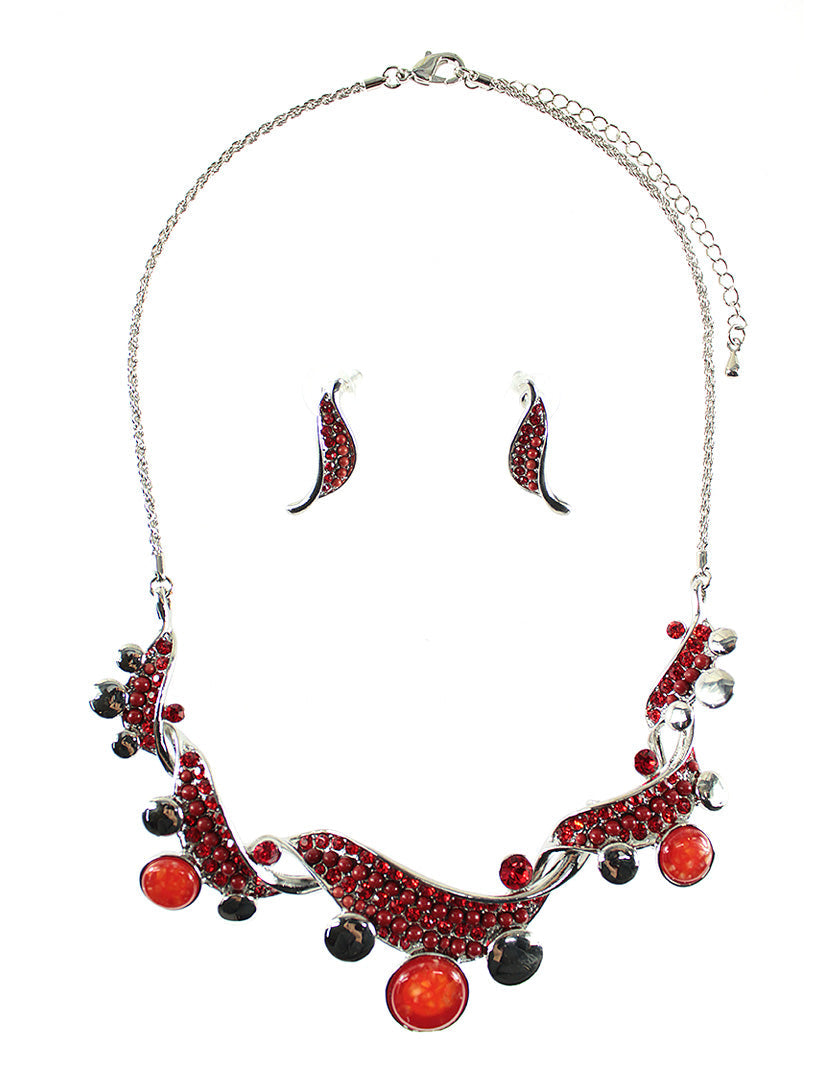 Twist Effect Embellished Necklace Set - Red (YK1406018RD)