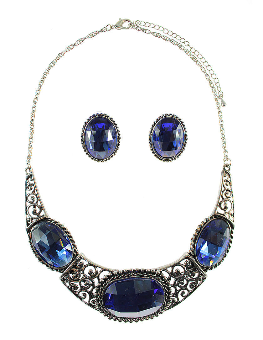 Vintage Large Oval Stone Collar Necklace Set - Blue (YK1406047BL)