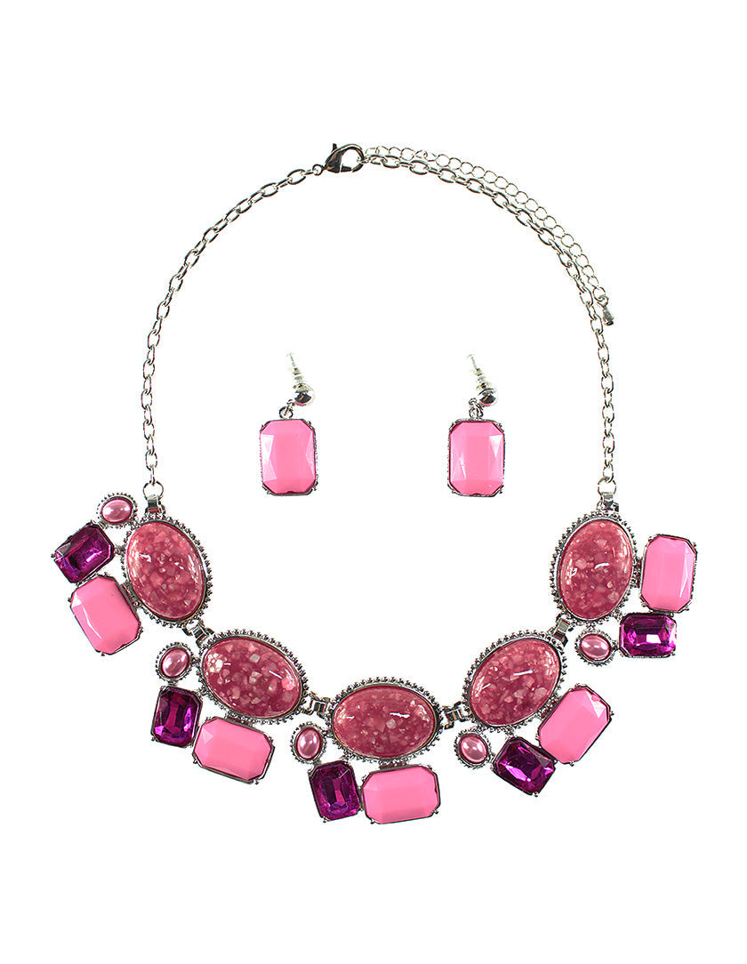 Multi-Stones Shape Necklace Set - Pink (YK1406056PK)