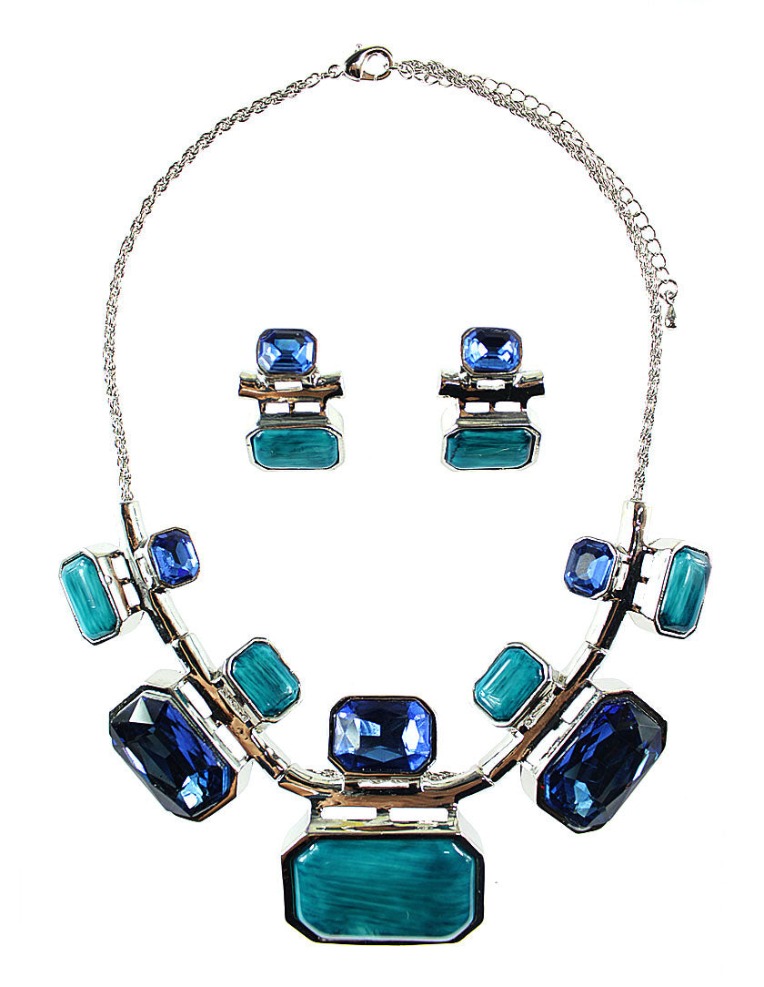 Octagon Shape Gem Necklace Set - Blue (YK1406062BL)