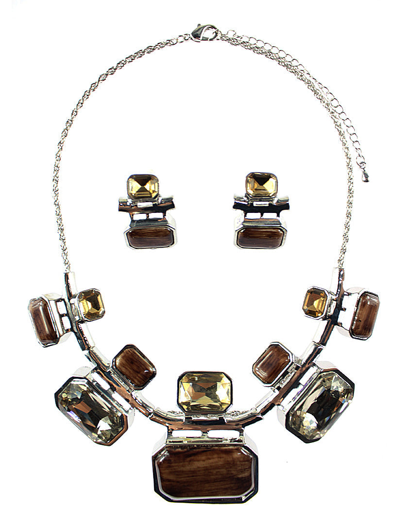 Octagon Shape Gem Necklace Set - Brown (YK1406062BR)