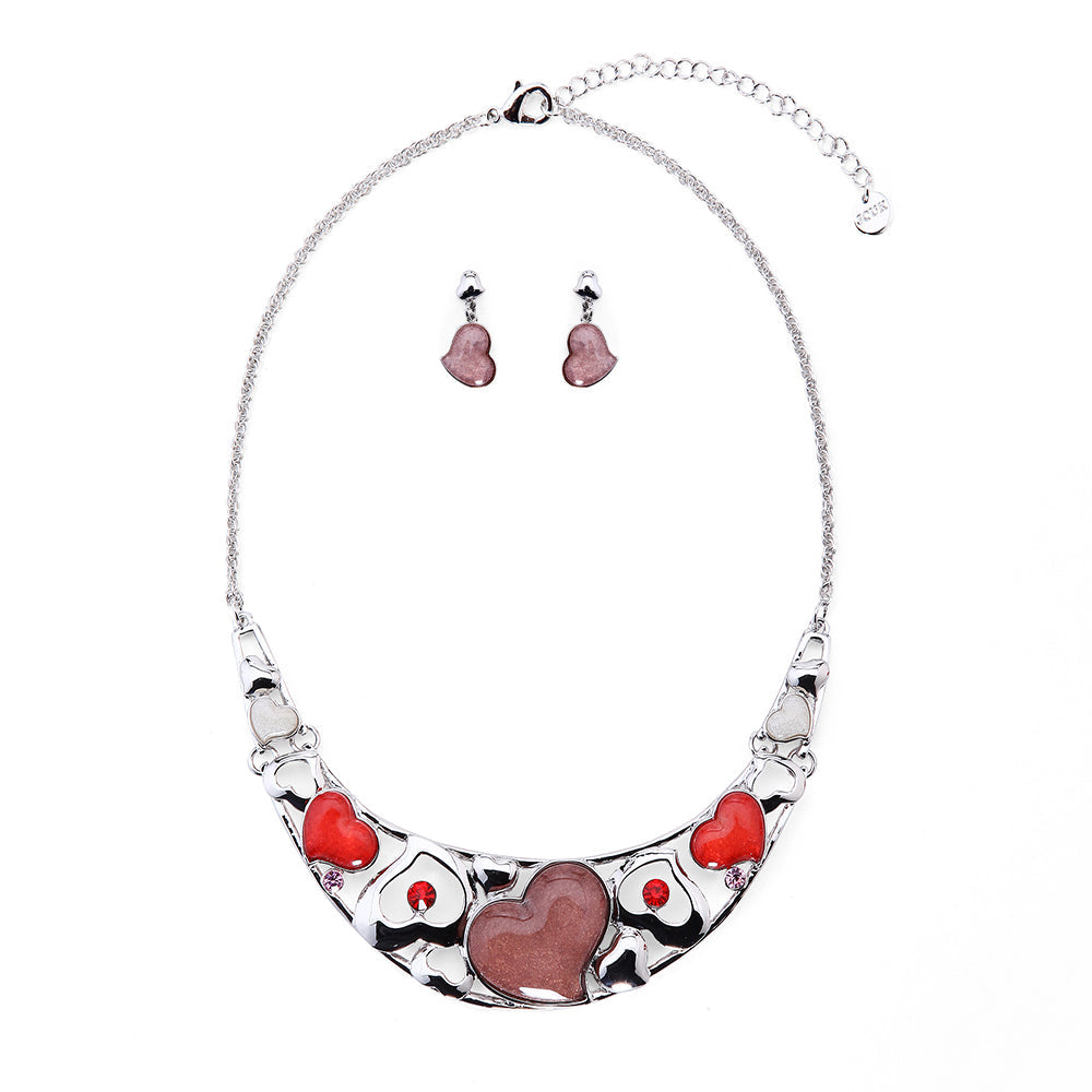 Enthralling Red Heart Necklace Set - Silver-Red (YK2511018RD)