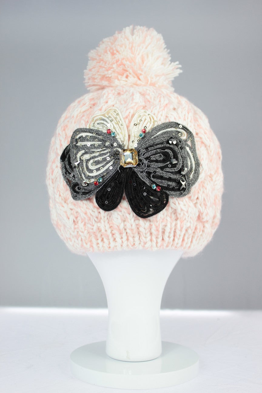 Large Bow Design Pom Pom Hat - Pink