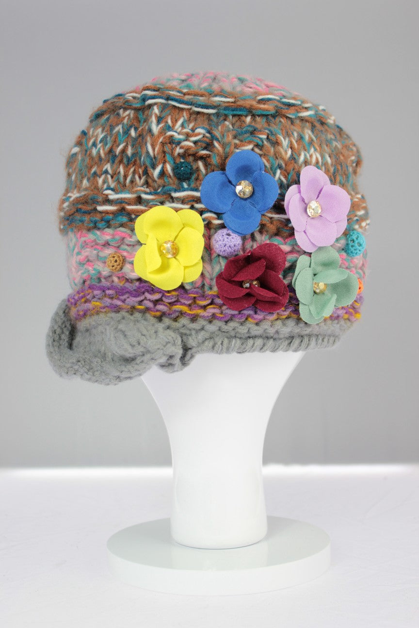 Multi-Coloured Flower Hat - Grey-Blue